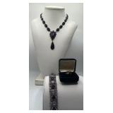 Deep Purple Glass Stone Necklace, Bracelet and Ring Size 7