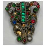 Vintage Czech Art Deco Multicolored Rhinestone Dress, Clip Broach, Art Deco Bow Broach and West Germany Ring