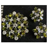 B. David Vintage Green and Clear Rhinestone Brooch and Earring Set and Rhinestone Necklaces