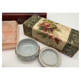 Dresser Accessories - Porcelain Ring Container, Metal & Nylon Brush, Two Wood Boxes, Plastic Box