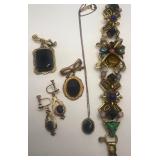 Vintage Multi Stone Chucky Link Art Deco Style Bracelet and Marvel 14KT GF Necklace with Onyx