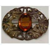 Victorian Antique Brass Brooches Orange Glass Bevel Cut