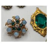 Green Coro Brooch and West Germany Clip Earrings Lot