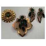 Gold Mesh and Green Rhinestone Brooches and Earrings