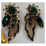 Gold Mesh and Green Rhinestone Brooches and Earrings