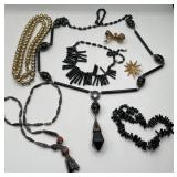 Lot of Vintage Necklaces Black and Gold Beads, Art Nouveau Style Long Necklace