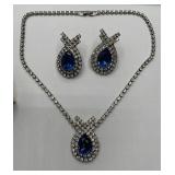 Blue and Clear Rhinestone Necklace and Matching Earring Set