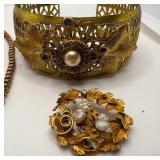 Art Nouveau Style Floral Embellished Necklace Filigree Cuff Bracelets Baroque Pearl Brooch Miriam Haskell Style Lot