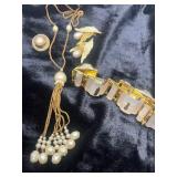 Gold Tone Pearl Tassle Necklace, Pearl Earrings and Vintage Bracelet Mid-Century Damascene Lucite Panel Link Bracelet