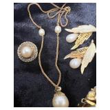 Gold Tone Pearl Tassle Necklace, Pearl Earrings and Vintage Bracelet Mid-Century Damascene Lucite Panel Link Bracelet