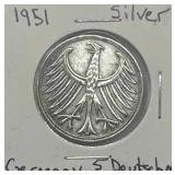 1951 Silver German 5 Deutschmark