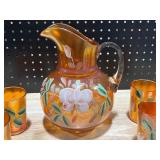 Vintage Carnival Glass Orange Pitcher and Glasses