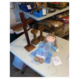 Holly Hobbie style doll, cross, candleholders