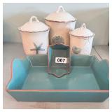 3 CRACKER BARREL CANISTERS & TEAL BAKING PANS