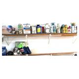 2 SHELVES FULL - PAINT, STAIN, BATTERY CHAREGER