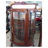 Antique Curved Glass Claw Foot Curio Cabinet w/Key