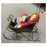 Decorative Wicker Sled and Raggedy Anne Dolls