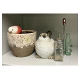 Pottery Bowl, Ceramic Bird, and Shakers