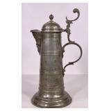 Pewter stein, beaded man spout, hinged lid,