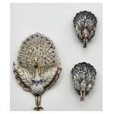 Siam Sterling Peacock Brooch & Clip Earrings