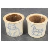 Two Mini Crocks with Cat and Horse Decoration