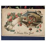 Early 1900ï¿½s Happy New Year postcard Mushrooms