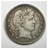 1908 Barber Silver Quarter Very Fine VF+