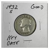 1932-S Washington Silver Quarter Key Date Good G