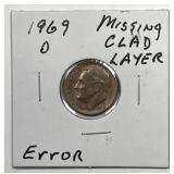 1969-D Roosevelt Dime Missing Clad Layer ERROR