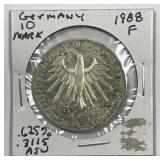 GERMANY: 1988-F Silver 10 Mark AU/UNC