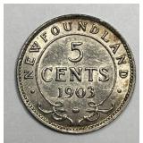 CANADA NEWFOUNDLAND: 1903 Silver 5 Cents Choice AU