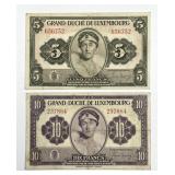 LUXEMBOURG: 1943-44 5 & 10 Francs Pair VF