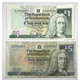 SCOTLAND: 1987 1 & 1988 5 Pound Royal Bank Pair