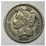 1874 Three Cent Nickel 3cN Very Good VG