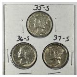 All "S" Mint 1935 1936 1937 Mercury Dimes XF/AU