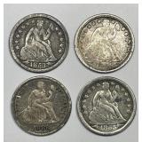 Four Low Grade Seated Liberty Silver Dimes 1853-86