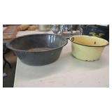 Stoneware bowls, yellow one has handle ripped