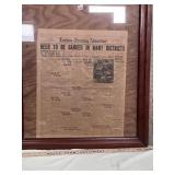 Framed Prohibition Newspaper Copy-London Evening