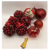 Ten Red Christmas Ornaments-Berries, Blown Glass