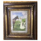 Gesso and wood frame girl with horse and collie