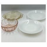 Pink, Yellow Depression Glass, Milk Glass Dishes.