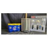 Small Damaged Trash Can/Lysol Wipes/Scrubbing Set