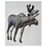 Vtg Moose Rhinestones Silver-Tone Pin Brooch