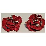 Vtg Crown Trifari Enamel Red Rose Clip On Earrings