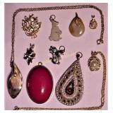 Vtg 10 Pendants 2 Chains Pearls Charms Rhinestones