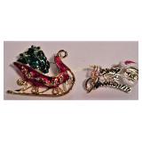 2 Enamel Merry Christmas Pins & Sleigh w/Packages