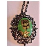 Vtg Gold Rose on Green Pendant w/Chain