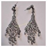 Ornate Deco Style Dangle Pearl Pierce Earrings