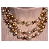 3 Strand Gold Silver White Bead Necklace