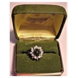 Uncas Green Cabochol & Rhinestones Ring Sz 8